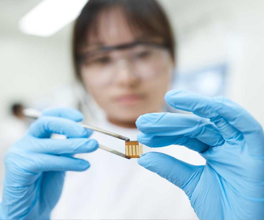 Close up of a small computer chip-like nanomaterial created in a UQ laboratory